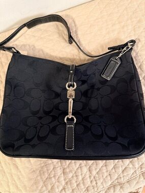 Coach Black Signature Canvas Hobo Bag with Silver Hardware